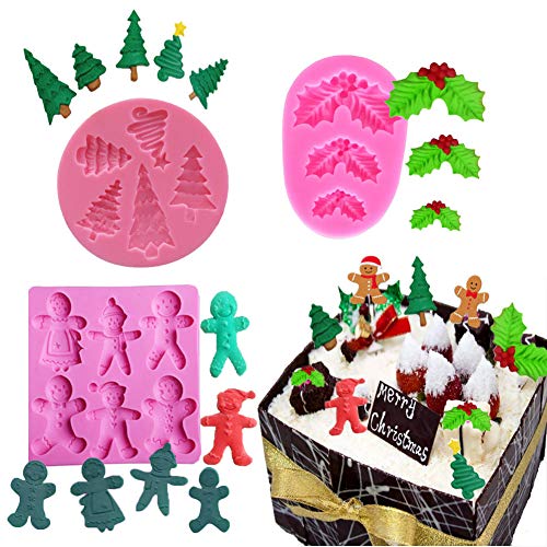 BUSOHA Christmas Fondant Mold Silicone 3D Mini Holly LeafChristmas TreeChristmas Gingerbread Man Cake Mold Set Biscuit Gum Paste Cupcake Topper Sugarcraft Cake Décor