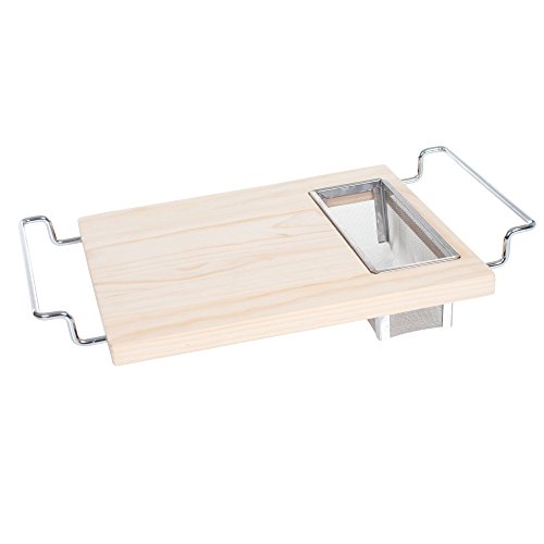 Cutting Board with Wire Colander- 2 in 1 Adjustable Wooden Chopping Board for Over the Sink with Stainless Steel Strainer by Chef Buddy
