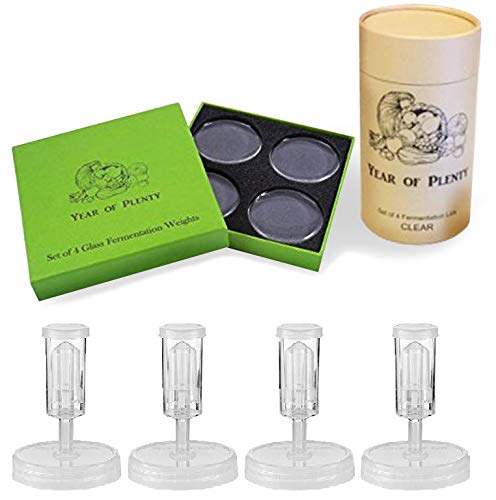 Year of Plenty Fermenting Kit - Set of 4 Fermentation Weights and 4 Clear Airlock Lids for Making Sauerkraut in Wide Mouth Mason Jars Clear Lids
