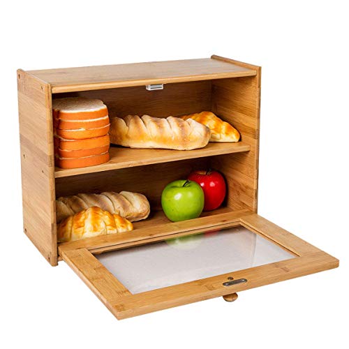 INDRESSME 2-Layer Bamboo Bread Box 158x 12x 68- Countertop Bread Storage Bin - Large Bread Box for Kitchen Counter with Transparent Window Self Assembly