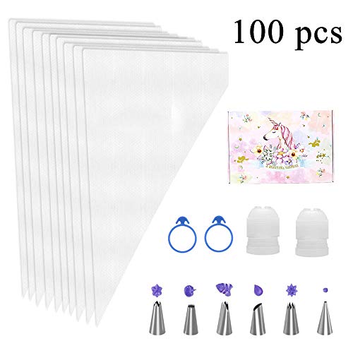100 PCS Pastry Bags-16-Inch Thickened Decorating Pastry Bags Anti-Burst Icing Bags，Decorating Piping Icing Bags Disposable for Cake Decorating -6 Stainless Steel Icing Frosting Tips -2 Coupler