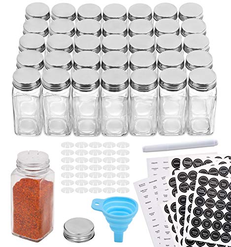 Aozita 36 Pcs Glass Spice Jars with 612 Spice Labels - 4oz Empty Square Spice Bottles - Shaker Lids and Airtight Metal Caps - Chalk Marker and Silicone Collapsible Funnel Included