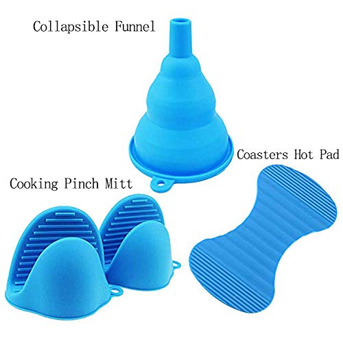 FANTAPLUS 4 Pieces Silicone Collapsible funnel Cooking Pinch Mitt Coasters Hot Pads Kitchen Tool Gadgetry Set Blue-Clearance Sale