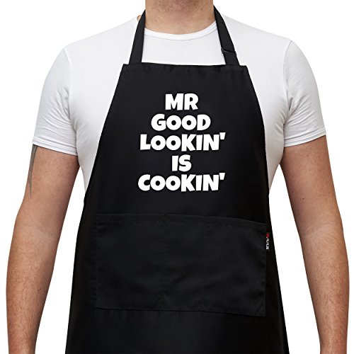 Savvy Designs Aprons for Men - Adjustable Black Apron with Pockets Mr Good Lookin is Cookin - Unique Christmas BBQ Grilling Gifts