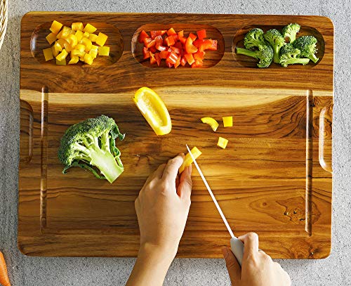 FANICHI Large Teak Wood Cutting Board 16 x 12 For Kitchen With 3 Built-In Compartments and Juice Canal Heavy Duty Chopping Board Thick Carving Board For Bread Fruits Meats