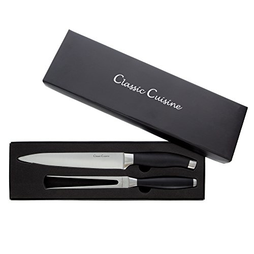 Professional Quality 2 Piece Carving Set Stainless Steel 8 inch Knife and Fork Hand Forged for Home or Restaurant by Classic Cuisine
