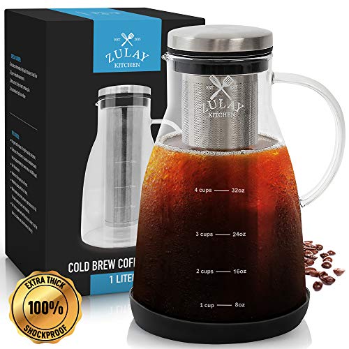 Airtight Cold Brew Coffee Maker with EXTRA-THICK Glass Carafe Stainless Steel Mesh Filter and Non-Slip Silicone Base - Premium Iced Coffee Maker Cold Brew Pitcher Tea Infuser - by Zulay