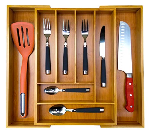 Bamboo Expandable Utensil Drawer Organizer with 1-Year Warranty by Amazing Essentials - Large 6-8 Compartments for Kitchen Silverware Cutlery Utensils Makeup Tools Accessories
