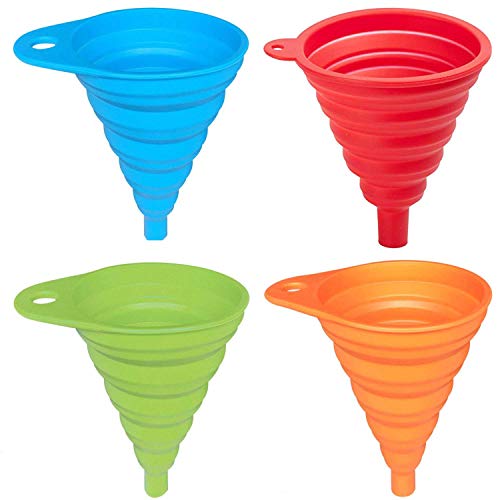 AxeSickle Silicone Collapsible Funnel 4 Pcs Folding Funnel for Liquid Transfer As Oil Water Shampoo Sanitizer Kitchen Tool Gadget 100 Food Grade Silicone FDA Approvedblue green Orange red