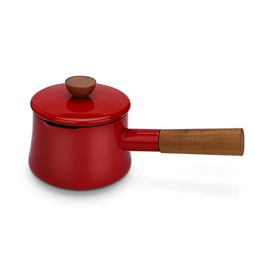 AIDEA Enameled Hefty Sauce Pan Cast Iron 1-Quart Heavy Duty Wooden HandleHandy Super Sturdy Pot for Kitchen Gifts-Red