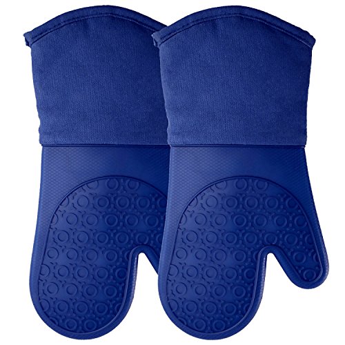 Silicone Oven Mitts with Quilted Cotton Lining - Professional Heat Resistant Kitchen Pot Holders - 1 Pair Blue Oven Mitts