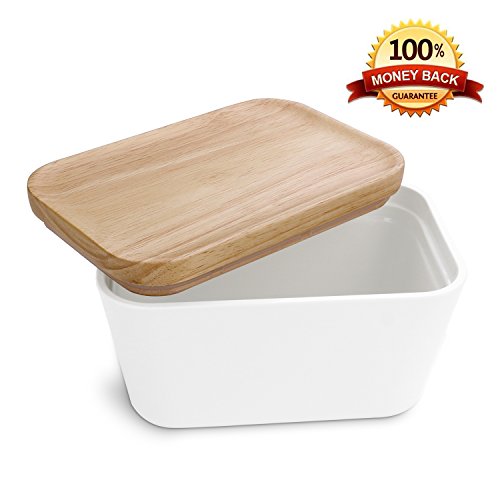 Mobaa Large Butter Dish Airtight Butter Dishes with Wooden Lid Covered Butter Dish Set Margarine Cream Cheese Keeper Kitchen Dinner Storage HolderWhite  59x30x30