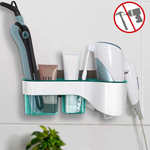 VIEFIN Adhesive Hair Dryer Holder Wall MountNo Drilling Hair Dryer&Styling Tools Organizer StorageBlow Dryer Hair Curler Brush Cleanser RackLarge Blue