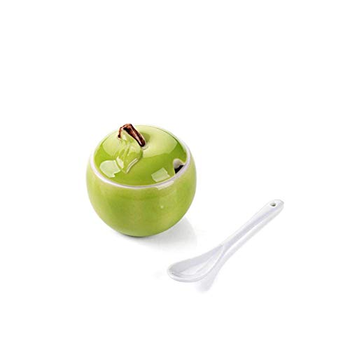 WEN DONG Box Apple Shape Ceramics Spice Jar Sugar Bowl Salt Pot Pepper Storage Jar Seasoning Container Condiment Spice Box with Lid and SpoonLight Green