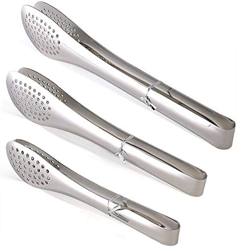 Pack of 3 Sizes Stainless Steel Tongs Salads Bread Ham BBQ Fillets Tools Tongs With Mesh Hole Clamp Heavy Duty Food Tongs Cooking Tongs Serving Tongs Salad Frying BBQ Tongs