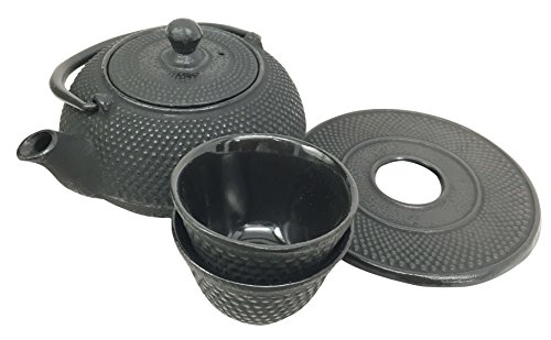 Japanese Imperial Dots Black Cast Iron Tea Pot Trivet and Cups Set Serves 2 Beautifully Packaged in Teapot Gift Box Excellent Home Decor Asian Living Gift for Sophisticated Moms And Housewarming