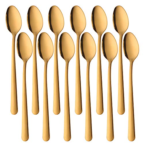 12 PCS 8-Inch Long Handled Gold Color Iced Tea Coffee Spoons Cold Drink Spoons Stirring Spoons for Restaurant Catering Commercial Quality Silverware Flatware Set
