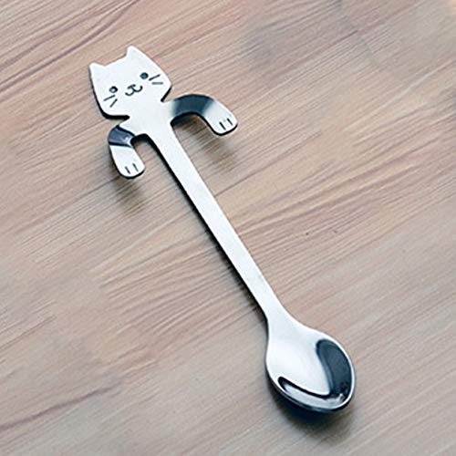 Detectorcatty 1pcs Cute Cat Spoons Long Handle Hanging Spoon Coffee Milk Stainless Steel Spoon Flatware Kitchen Tools for Kids Gifts