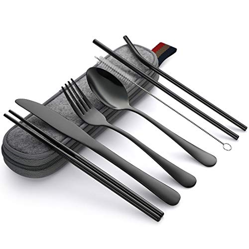 Devico Portable Utensils Travel Camping Cutlery Set 8-Piece including Knife Fork Spoon Chopsticks Cleaning Brush Straws Portable Case Stainless Steel Flatware set 8-piece Black