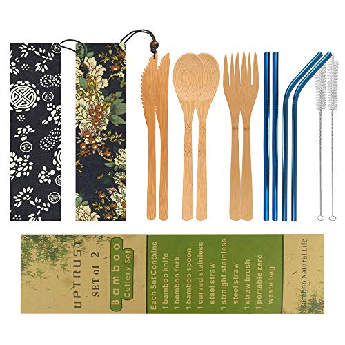 UPTRUST 2 Set Bamboo Cutlery Set Bamboo Utensils 6-piece Reusable Bamboo Flatware Set Travel Utensils 78 Inches Bamboo Knife Fork Spoon 3 colors Metal Straw with Clean Brush Blue Straw