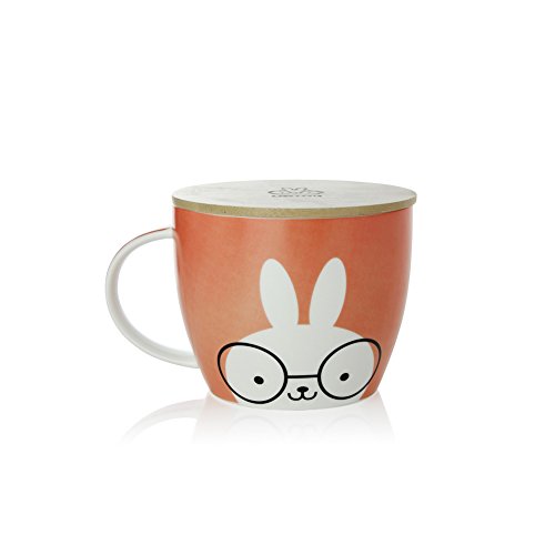 UPSTYLE Cute Coffee Mug Animal Pattern Ceramic Cup Travel Mug with Bamboo Lid for Instant Noodle Vegetables Fruit 304OZ CMBM6 Rabbit