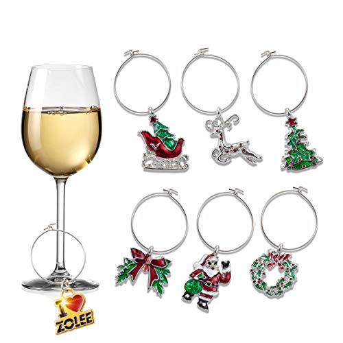 Zolee Wine Glass Charms Set of 6Christmas Theme - Santa Claus Electro Plated-Silver with Simple Buckle Design - Glass Goblet Drink Markers Tags to Mark Your Drink