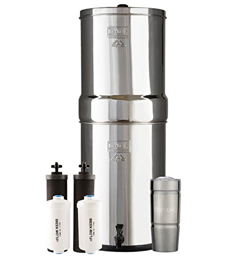 CROWN Berkey Water Filter System with 2 Black Purifier Filters 6 Gallons Bundled with 1 set of Fluoride PF2 Filters and 1 Boroux Double Walled 20 oz Stainless Steel Tumbler Cup