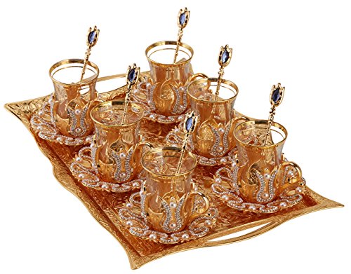 Set of 6 Turkish Tea Glasses Set with Saucers Holders Spoons TRAY Decorated with Swarovski Type Crystals and Pearl25 Pcs