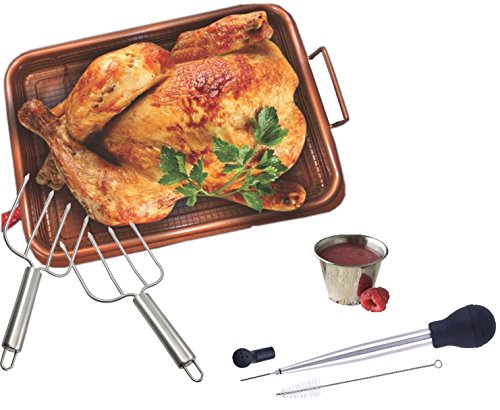Deluxe Turkey Roaster Pan Chicken Crisper Basket Tray With Stainless Steel Turkey Lifter And Baster Sauce Cup Set