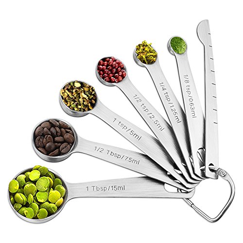 Measuring Spoons Set Stainless Steel - 7 Pieces Kitchen Aid Metal Spoons includes Teaspoon and Tablespoon Engraved with Leveler and Ring Holder Measuring Tiny Dry and Liquid Ingredients - Molecee
