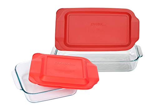Pyrex Basics Clear Glass Baking Dishes 1 3 Quart Oblong Dish and 1 2 Quart Square Dish with Red Plastic Lids