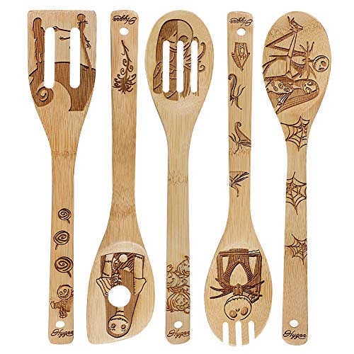 Nightmare Spoons - Organic Wooden Bamboo Cooking Serving Utensils - Kitchen Utensils Set Cooking Tool Set - Cooking Spatula And Spoons 5 Piece Set