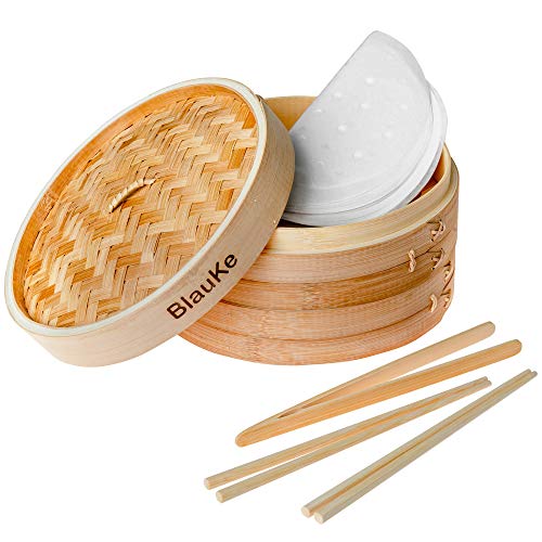 Bamboo Steamer Basket 10 Inch - Handmade Wooden Steamer with 2 Tier Baskets Lid 2 Pairs of Chopsticks Tongs and 50 Liners - Kitchen Steamer Basket for Cooking Dumplings Vegetables Meat or Fish