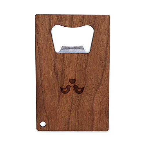 WOODEN ACCESSORIES COMPANY Credit Card Sized Bottle Opener With Laser Engraved Love Birds Design- Stainless Steel Bottle Opener With Wooden Front Panel - Slim And Wallet Size
