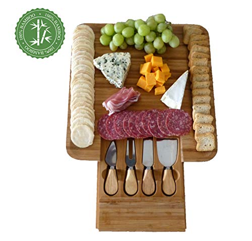 Stephanie Lane - Cheese Board Set Charcuterie Board Cheese Cutting Plate Bamboo Serving Tray with Cutlery Knives in Drawer Cracker Wood Party Platter