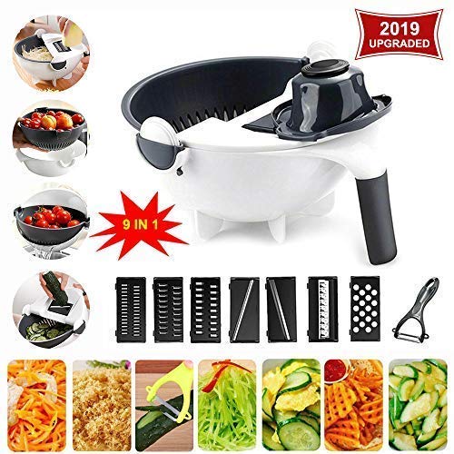 RFT Rotate Vegetable Chopper New 9 in 1 Multi-Functional Magic Rotate Vegetable Cutter with Drain BasketLarge Capacity Portable Vegetables Choppers with 8 Dicing Blades2019 Upgrade Version