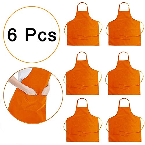 GNYO 6 Pack Aprons for Women Men - Kitchen Aprons with 2 Pockets Durable Personalized Aprons for Cooking BBQ Baking Crafting Restaurant Orange