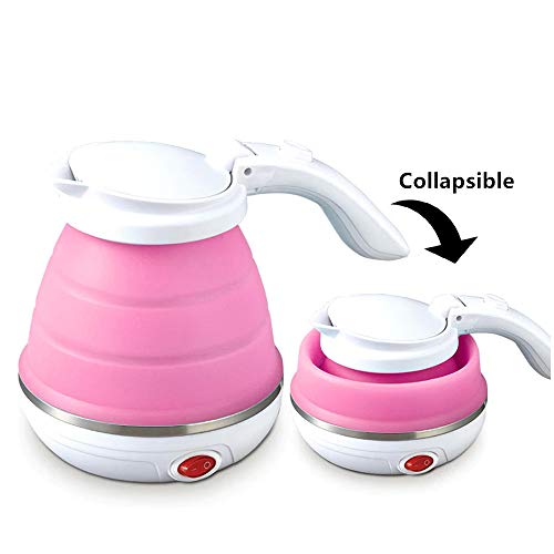 Travel Foldable Electric Kettle- Portable Silicone Collapsible Camping Kettle Fast Water Boiling Boil Dry Protection 110-220V 500ML Pink