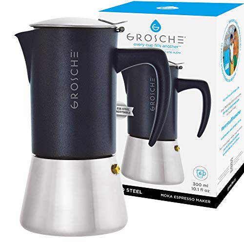 GROSCHE Milano Steel 10 cup 169 oz Stainless Steel Stovetop Espresso Maker Moka pot - Cuban Coffee maker Italian Espresso Greca coffee maker for Induction gas or electric stoves