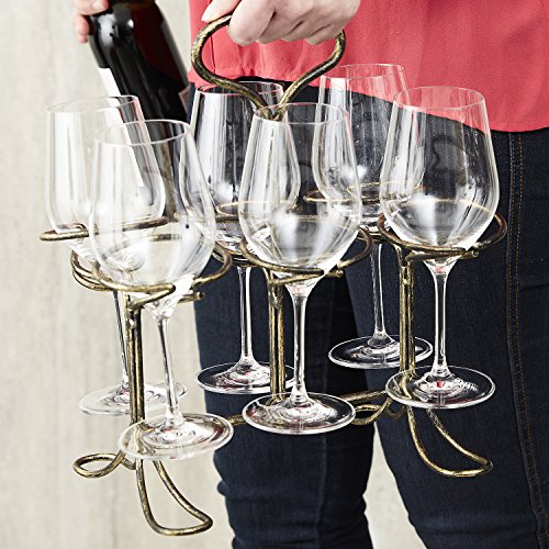 Elite Gold Leaf Wine Caddy Carries 6 Glasses Sturdy Substantial Heavy Wire with 4 Stable Feet and Large Ergonomic Handle Carry Glasses Without Spills Drops or Balancing Multiple Glasses