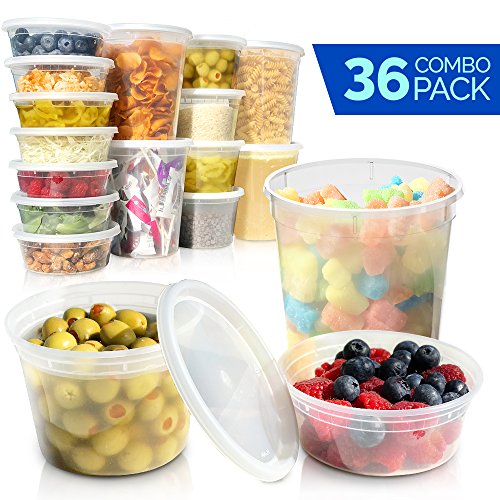 Deli Containers with Lids - Food Storage Containers - Clear Freezer Containers  36-Pack BPA Free Plastic 8 16 32 oz  Cup Pint Quart set  Great for Soup Meal Prep Portion Control Slime and More