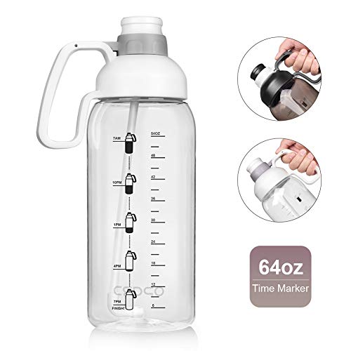 Opard 64 Oz Water Bottle with Time Marker Half Gallon Motivational Water Jug with Straw Handle Sports Water Bottle BPA Free Reusable for Gym Men Women White