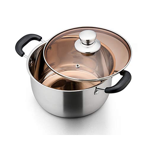Stainless Steel Stock Pot P&P CHEF 3 Quart Pot with Lid Heat-Proof Double Handles - Sliver Stainless Steel Pot and Glass Lid