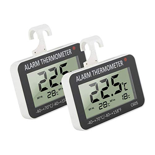 GuDoQi 2 Pack Refrigerator Thermometer Digital Freezer Alarm Thermometer Waterproof LCD Fridge Temp Tester Easy to Read with Hook