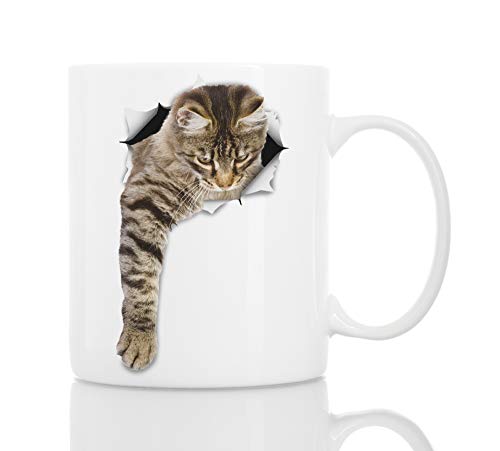 Cute Reaching Tabby Cat Coffee Mug - Ceramic Funny Coffee Mug - Perfect Cat Lover Gift - Novelty Coffee Mug Present - Great Birthday or Christmas Surprise for Friend or Coworker Men and Women 11oz