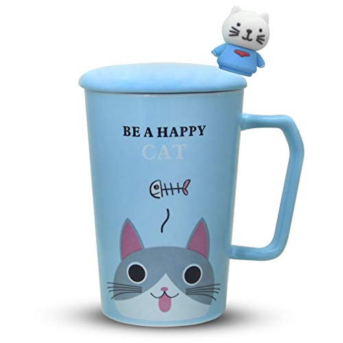 Notrefly Cat Mug with Lid and Novelty 3D Kitten Spoon Funny Ceramic Cat Coffee Mug Cat Tea Cup Gift for Crazy Cat Lady Lovers Women Boy and GirlsBlue 11oz