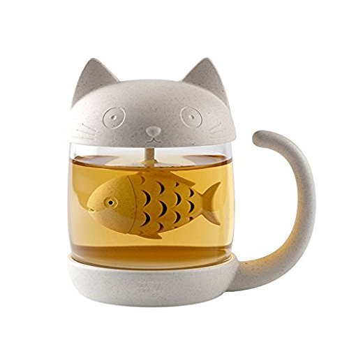Cute Cat Glass Cup Tea Mug With Fish Tea Infuser Strainer Filter