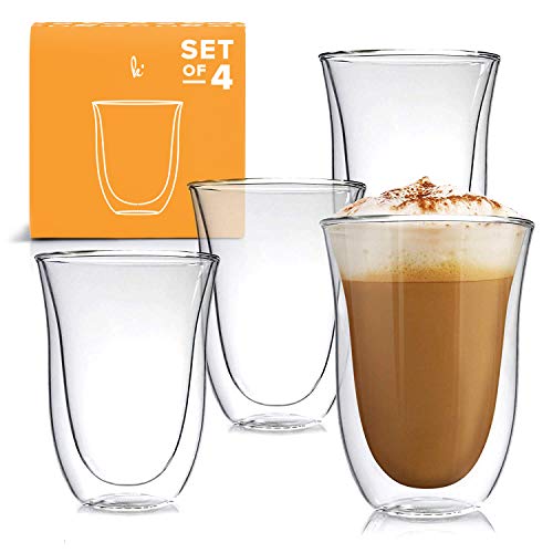 Latte Cups Double Walled Coffee Glasses Set of 4 - Clear Glass Thermo Insulated Stackable Mugs 75oz