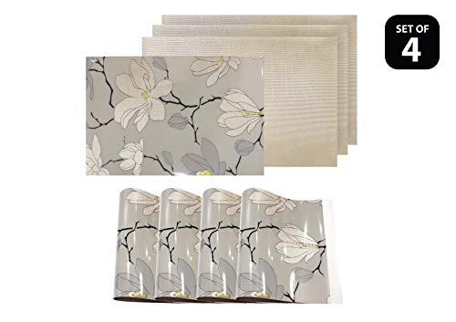 Dainty Home Reversible Metallic Place Mats Non-Slip Magnolia Floral Dining Table Indoor Outdoor Placemats Set of 4 12 inch x 18 inch Rectangle BeigeNeutral Gray