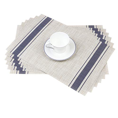 famibay Placemats Heat Insulation PVC Place Mats Stain-Resistant Crossweave Woven Table Mats for Kitchen Set of 6 Double Striped Blue